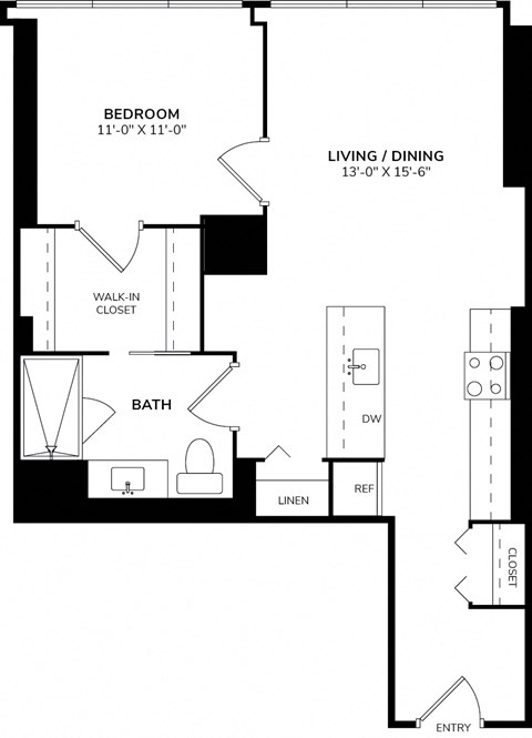A black and white image of a floor plan for a home with a bedroom, bathroom, living/dining area, and walk-in closet.